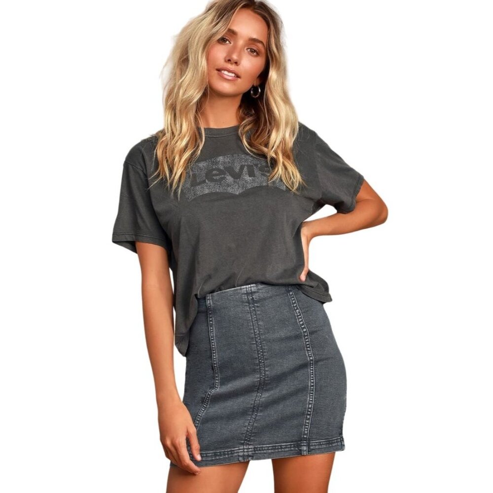 Free People Modern Femme Denim Stretch Mini Skirt Size 0 Washed Black Gray
